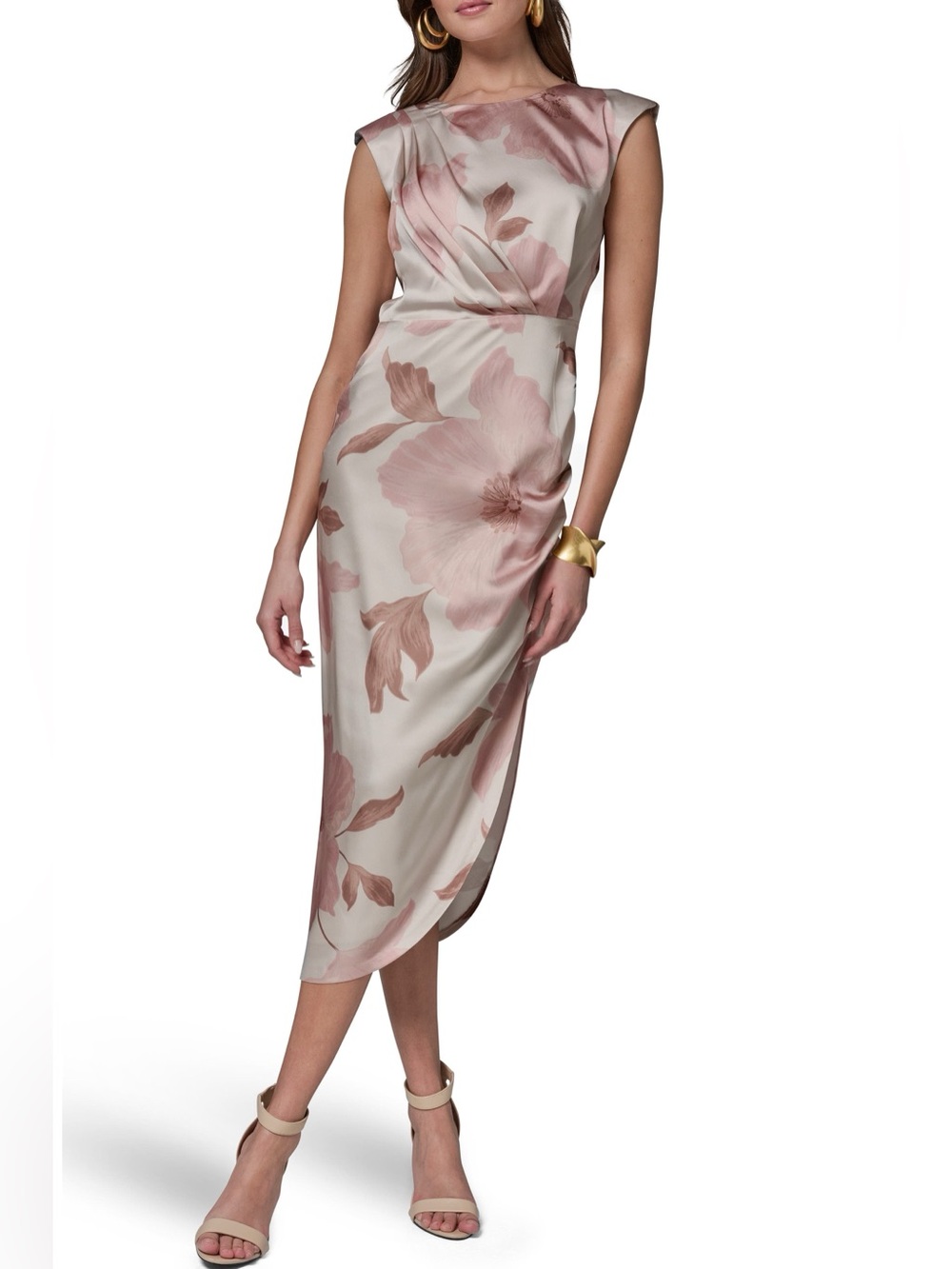 Donna Karan Blush Pink Floral Ruched Satin Midi Dress, Size 4